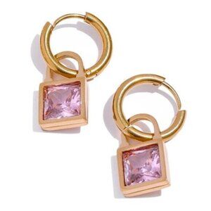 Gold Plated PVD Stainless Steel and Pink Cubic Zirconia Square Earrings